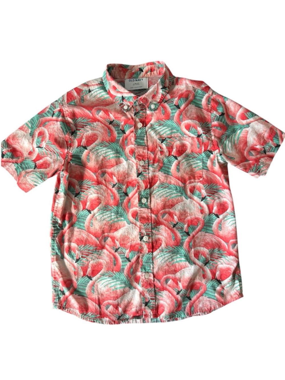 Old Navy Boys Flamingo Print Short-Sleeve Button-Down Cotton Shirt